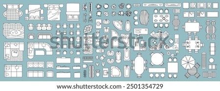 Top view of a set of isolated vector linear illustrations for creating interior design: beds, sofas, bathrooms, sinks, toilets, tables, chairs, terrace, plants, carpets.