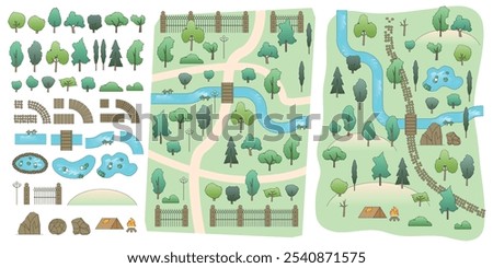 Top view to a set of icons for a park area, backyard, estate, forest, camping. Trees, shrubs, paths, sidewalks, ponds, bridge, river,  lantern, tent, bonfire. View from above. 
