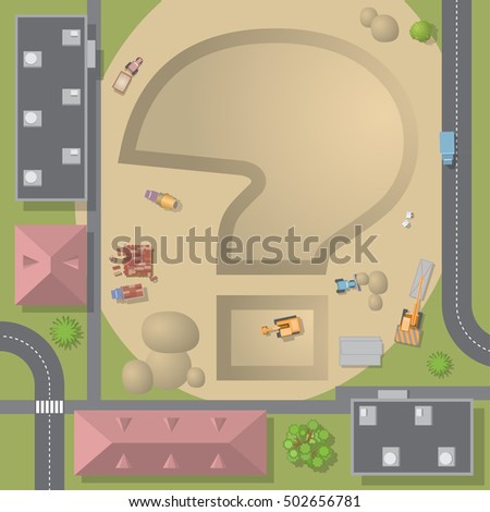 Vector illustration. Construction view from above. 
Construction machinery at work pit digging. top view.
Pit in the form of a question mark. space for your text