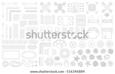 Set of linear elements. Outdoor furniture and patio items. (top view) 
Fences, paths, trees, plants, tables, chairs, benches, sunbeds, umbrellas, swings, swimming pools. (view from above) 