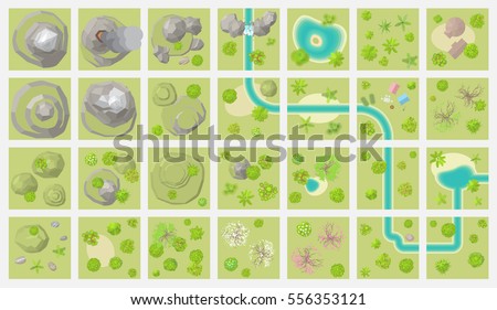 Set landscape blocks. (top view) Mountains, hills, river, lake, forest, camping. (view from above) 