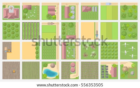 Set of landscape elements. Building blocks. Farm view from above.
Roads, houses, buildings, fields, gardens and trees. (Top view) 