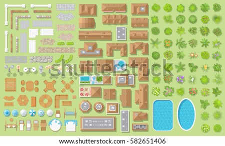 Set of landscape elements. Houses, architectural elements, furniture, plants. Top view.
Fences, paths, lights, furniture, houses, trees, pools. View from above.