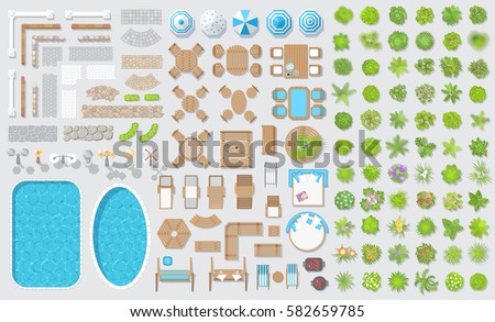 Vector set for landscape design. Outdoor furniture, architectural elements and plants. (top view) Fences, paths, lights, benches, tables, chairs, sun loungers, umbrellas, swings. (view from above)