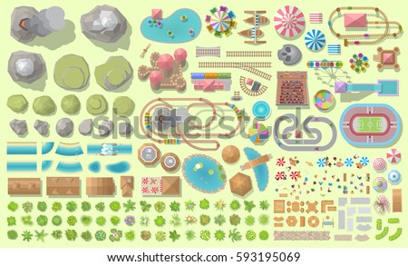 Set of landscape elements. Amusement park. Top view. Mountains, hills, plants, paths, furniture, attractions, tents, construction. View from above.
