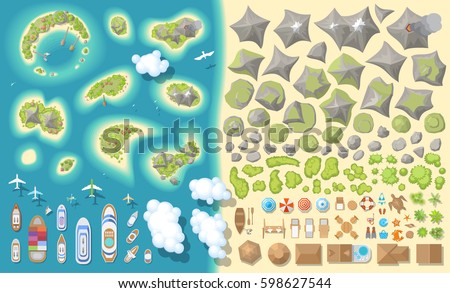 Set of landscape elements. Summer vacation. Tropical islands. (top view) Mountains, hills, rocks, stones, clouds, houses, ships, furniture. (view from above) 