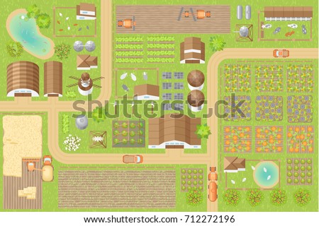 Vector illustration. Green farm. (top view) Fields, vegetable gardens, hangars, buildings, barns, agricultural machinery, ponds, road. (view from above)