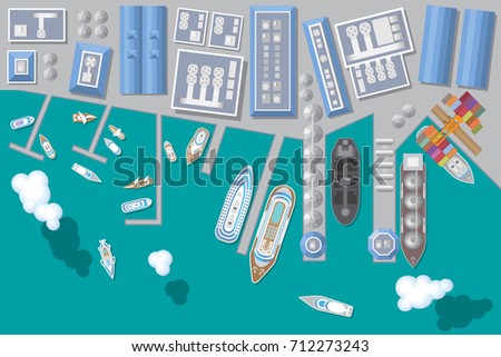 Vector illustration. Port with ships. Top view. Seaport, cargo and passenger ships, warehouses, sea, clouds. View from above. 