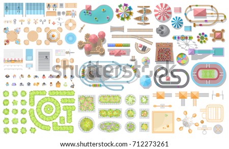 Set of landscape elements. Amusement park. Top view. Fences, paths, lights, furniture, trees, attractions, tents, construction. View from above.