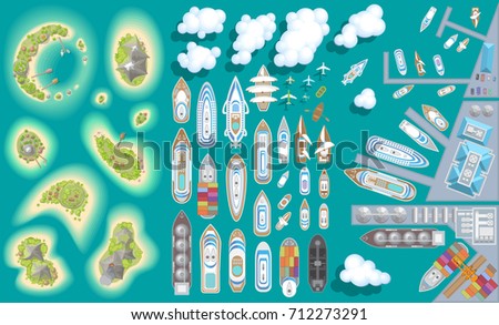 Vector set. Summer vacation. Islands, ships, ports. (top view) Time to travel - sun, sea, island, sand, yacht, airplane, clouds. (view from above)