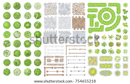 Set of park elements. (Top view) Collection for landscape design, plan, maps. (View from above) Fences, paths, flowers, flower beds and trees.