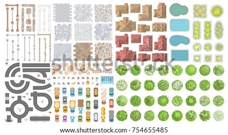 Set of landscape elements. Houses, architectural elements, plants. Top view. Road, cars, people, houses, trees, fence, tile. View from above. 