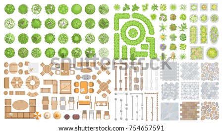 Vector set for landscape design. Outdoor furniture, architectural elements, trees and plants. (top view) Fences, paths, tile, benches, tables, chairs, sun loungers, umbrellas. (view from above)