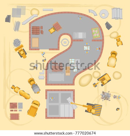 Vector illustration. Construction in the form of a question. Top view. Investments in construction.