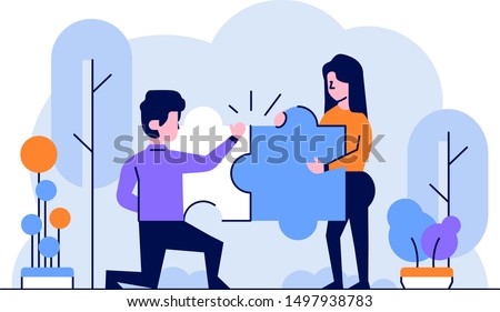 Vector Illustration Business people team complete puzzle to solving problems problem solver flat and outline design style