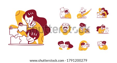 9 Business and Finance Icon Illustration in Outline Hand Drawn Design Style.
Man, Woman solving puzzle, analyse, increase, decrease, bull, bear market, abacus, working, laptop, discuss, chart