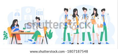 Healthcare & Medic (Doctor Consultation, medical student,resident, intern, physician) Concept Illustration for landing page, banner, website, infographic, interface in flat gradient design style