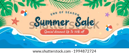End of season Summer sale discount banner on location beautiful beach and sand background. Premium Vector