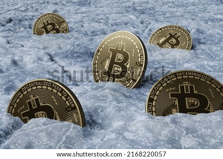 Frozen bitcoins embedded in ice to illustrate the concept of declining price of cryptocurrencies. 3D rendering Stockfoto © 