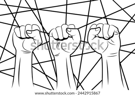Three raised fists on background of thick lines in random directions in black and white. 3D illustration of the concept of solidarity, trade union strikes and labor movement
