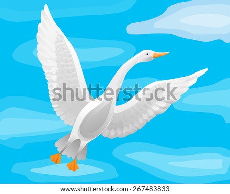 illustration with white goose flying on the sky background
