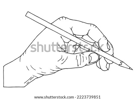 A man's hand holds a pencil. Hand with pencil in doodle style. Hand Drawn. Freehand drawing. Doodle. Sketch. Outline.	