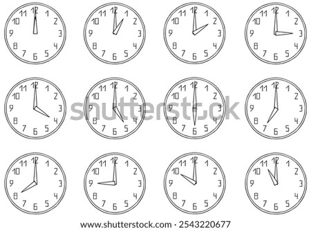 Time with 12-hour and 24-hour clocks. Many clocks that show the time. Freehand drawing. Doodle. Hand Drawn. Outline.