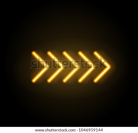 Neon glowing arrow pointer  on dark background. Colorful and shining retro light sign. Vector design element.
