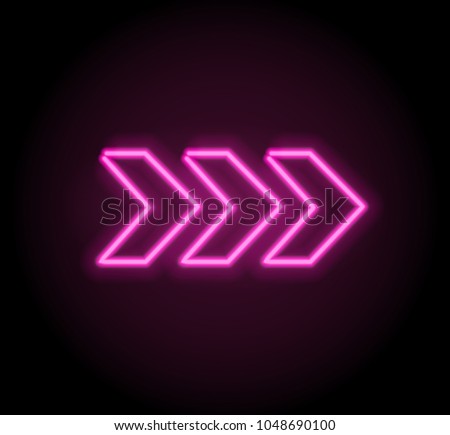 Neon glowing arrow pointer  on dark background. Colorful and shining retro light sign. Vector design element.