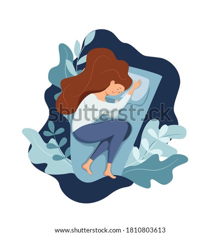 Sleepy awake woman in bed suffers from insomnia. Vector illustration of tired exhausted sad girl insomniac trying fall asleep with open eyes in night bedroom flat cartoon style. Melatonin and nightmar