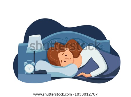 Sleepy awake woman in bed suffers from insomnia. Vector illustration of tired exhausted sad girl insomniac trying fall asleep with open eyes in night bedroom flat cartoon style. Melatonin and nightmar