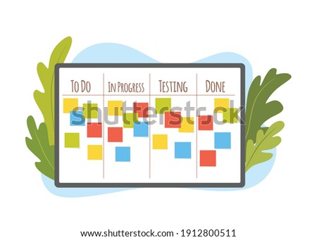 Scrum task board, agile project management vector illustration. Big kanban organizer concept with office team people sticking papers, control processes development, analyzing strategic design template