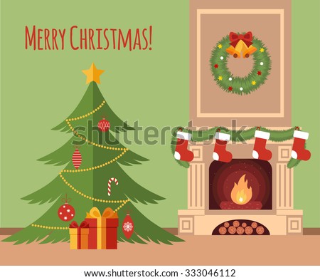 Christmas Tree By The Fireplace Illustration Made In Flat Style