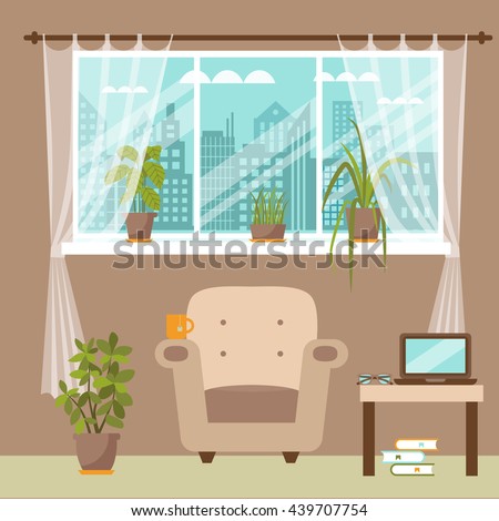 Colorful flat style illustration of window with curtains and flowers. Cartoon vector poster room interior window curtains with indoor plants.