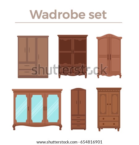 Furniture cartoon vector illustration. Wood wardrobe flat style isolated icons set. Room interior elements collection cabinet to create apartments design, promotions, advertisement 