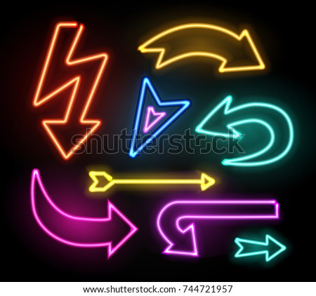 Neon glowing arrow pointer set  on dark background. Colorful and shining retro light sign collection. Vector design elements.