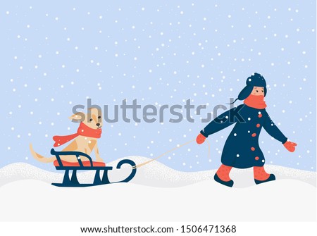 Winter card. Children's composition, sketch. The boy carries a dog on a sled. Illustration of winter, happiness, childhood, snowdrifts. Vector concept isolated on white background. Art drawing.