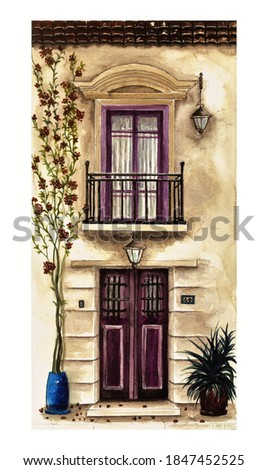 Water colour painting/ French balcony. Historical house detail. Water colour historical building painting. Entrance door, balcony. lamps, roof, window, plants in pots and fallen leaves. Autumn theme.