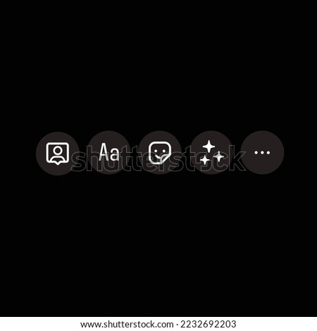 social media Instagram stories icons. tag, text, sticker, effects, and settings icons. white flat outlined vector icons and symbols. dark mode