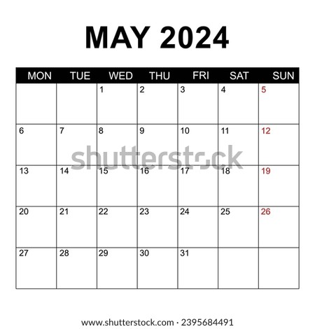 May 2024 Calendar. Week starts on Monday. Blank Calendar Template. Fits Letter Size Page. Stationery Design. Simple set calendar 2024. Monthly calendar template.