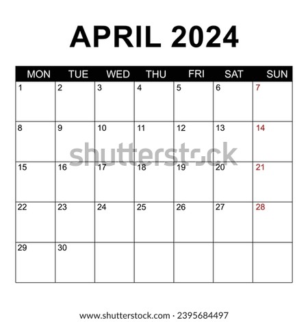 April 2024 Calendar. Week starts on Monday. Blank Calendar Template. Fits Letter Size Page. Stationery Design. Simple set calendar 2024. Monthly calendar template.
