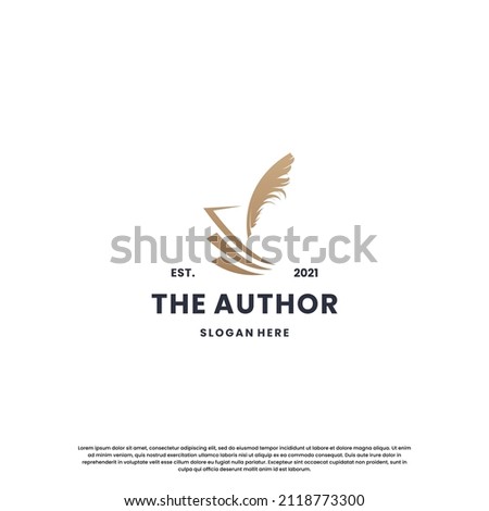 classic writer logo design. author logo feather with book combination.