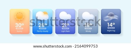 Сards for a weather widget. Weather icon set for a website or mobile app UI. Bright realistic 3d modern glass morphism cards designed in vector isolated on blue background.