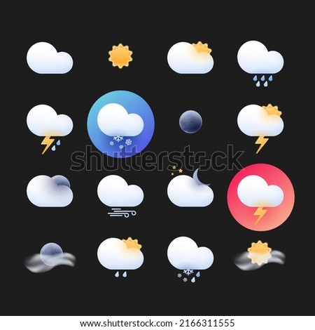 Weather icon set for a website or mobile app UI. Bright realistic 3d modern glass morphism design in vector isolated on dark background.