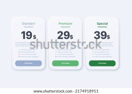 Neumorphism product price table design with 3 types of subscription plans. Subscription plan with features checklist and discount pricing tabs. Tariff choice infographic in vector