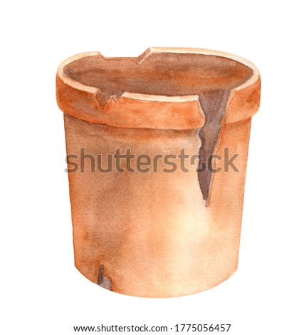 Watercolor old broken flower pot. Hand drawn illustration of empty vintage ceramic flowerpot isolated on white background for decoration, cards