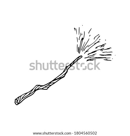 Outline vector magic wand with sparks. Hand drawn wooden magic stick isolated on white background. Halloween element. Doodle illustration