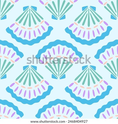 Blue seashell vector seamless pattern. Summer underwater repeat surface design with scallop shells in modern hand drawn flat style on light background. Cute nautical illustration for swimwear, decor