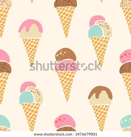 Ice-cream cones vector seamless pattern. Cute flavored gelato in waffle cones repeat design on cream off-white background. Hand drawn textured summer frozen dessert in retro pastel colors