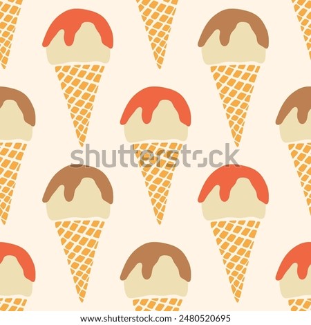 Vector ice-cream waffle cones seamless pattern on cream off white background. Cute flavored vanilla, caramel chocolate gelato repeat design. Hand drawn retro yummy summer dessert, flat modern style